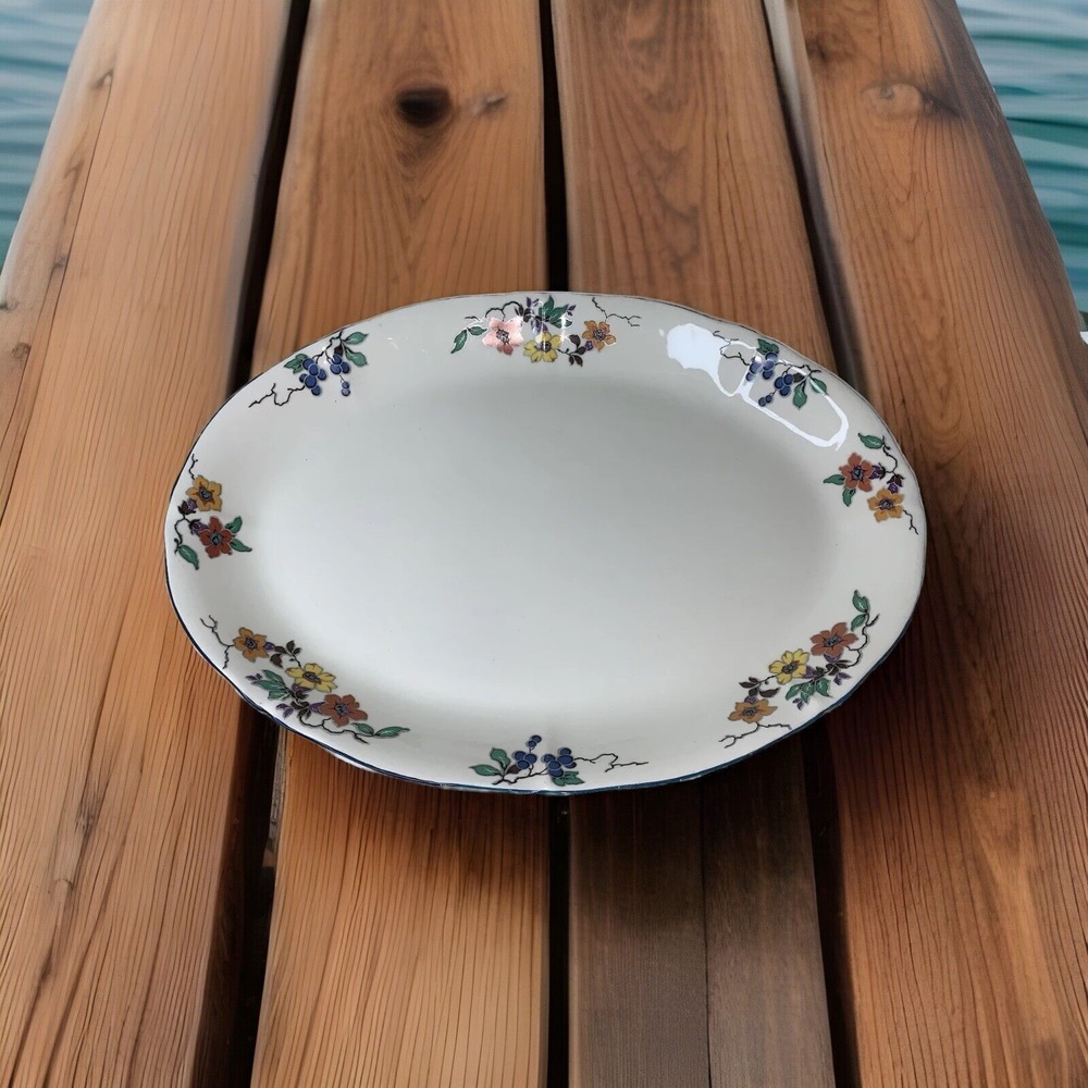 17"x 13" Vintage Oval Serving Platter W.S. George Argosy Ivory #187 Flowers